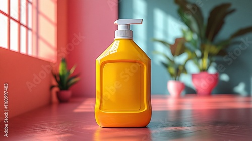 Wallpaper Mural Yellow Pump Bottle Product Mockup in a Sunny Room Torontodigital.ca