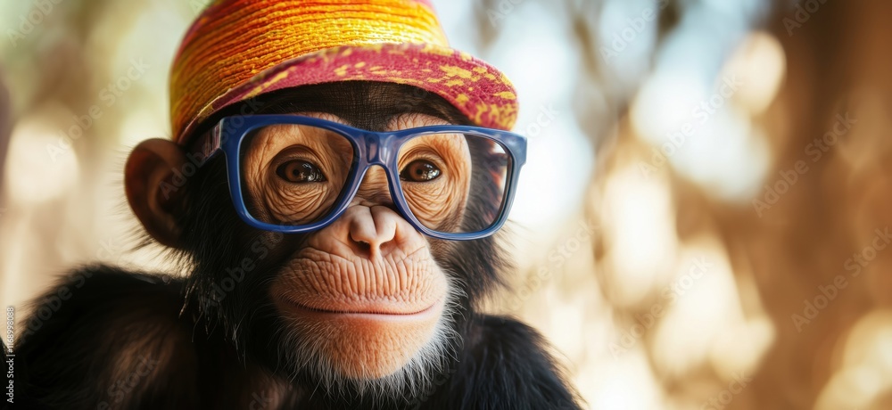 Cute monkey wearing colorful hat and glasses, showcasing playful expression and personality in a natural setting, copy space for text Cute monkey wearing colorful hat and glasses, showcasing playful expression and personality in a natural setting, copy space for text