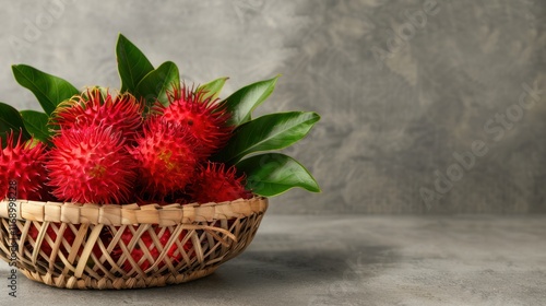 A basket filled with rambutans, their hairy red skin concealing their sweet, translucent white flesh.   photo