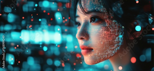 Digital portrait of woman with futuristic data overlay, showcasing technology and artificial intelligence concepts, vibrant colors and intricate patterns, copy space for text photo