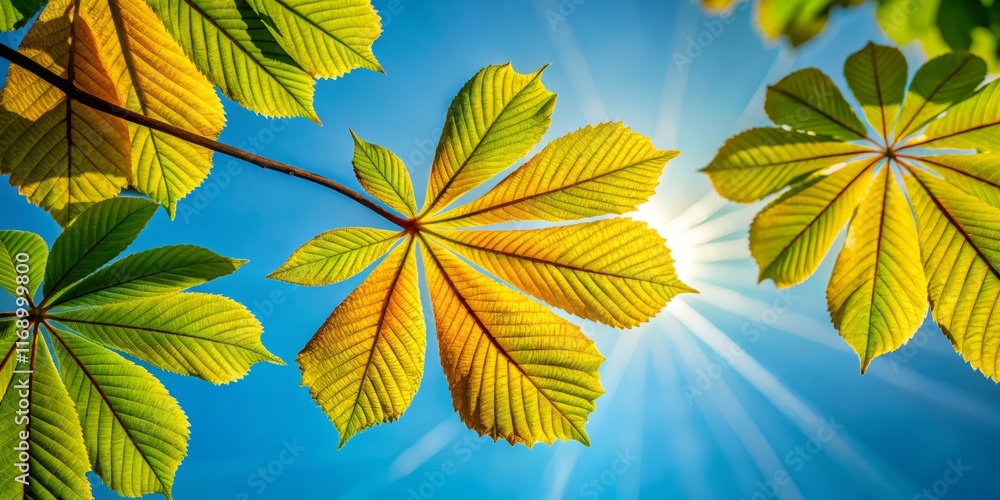 Fototapeta premium Minimalist Horse Chestnut Leaves, Sunlight, Blue Sky - Stock Photo