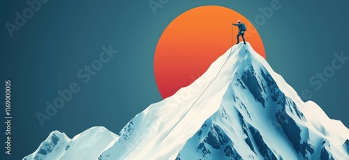 Mountain climber reaching summit against vibrant sunset backdrop, showcasing determination and adventure in extreme conditions, copy space for text photo