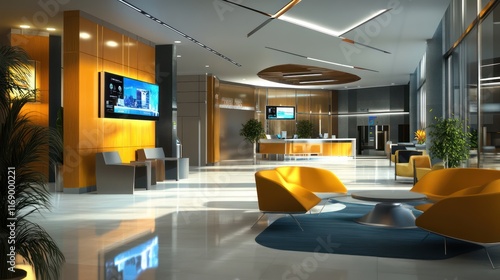 A high-end corporate lobby with contemporary furniture, digital signage, and clean, open space.