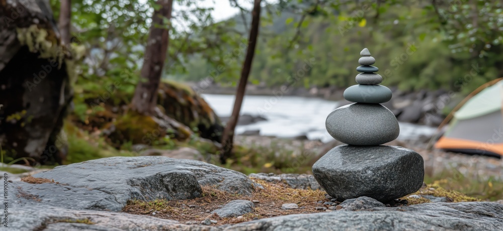 Balanced stone tower on rocky riverbank surrounded by trees and tent, showcasing nature's tranquility and harmony, copy space for text Balanced stone tower on rocky riverbank surrounded by trees and tent, showcasing nature's tranquility and harmony, copy space for text