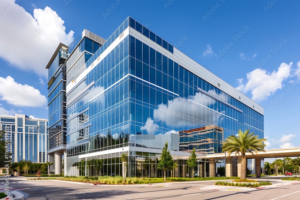 Fototapeta premium business office tower with large glass windows reflecting blue sky and surrounding buildings