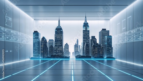 A futuristic depiction of New York City's streets, showcasing sleek, autonomous vehicles, towering high-tech skyscrapers, glowing digital signage, and advanced public transport systems, all under a vi