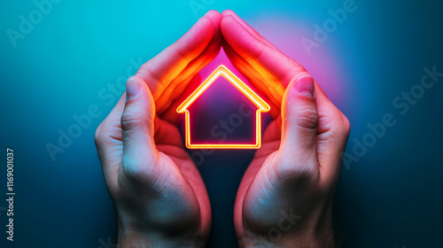 Hands Holding Neon House Icon with Colorful Glowing Effect on a Dark Background photo