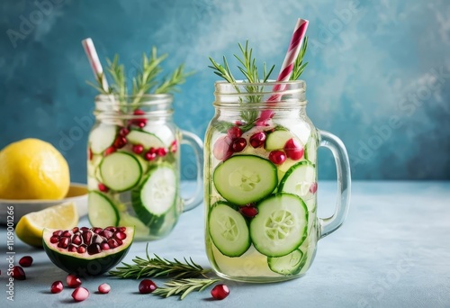 A glass jar filled with water and infused with cucumber, pomegranate, and rosemary, with a lemon slice on top. photo