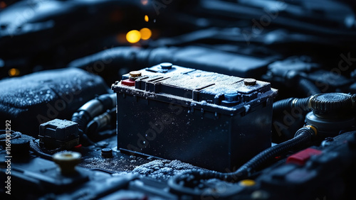 A cold car battery covered with frost symbolizes a winter problem, on a blurred background.