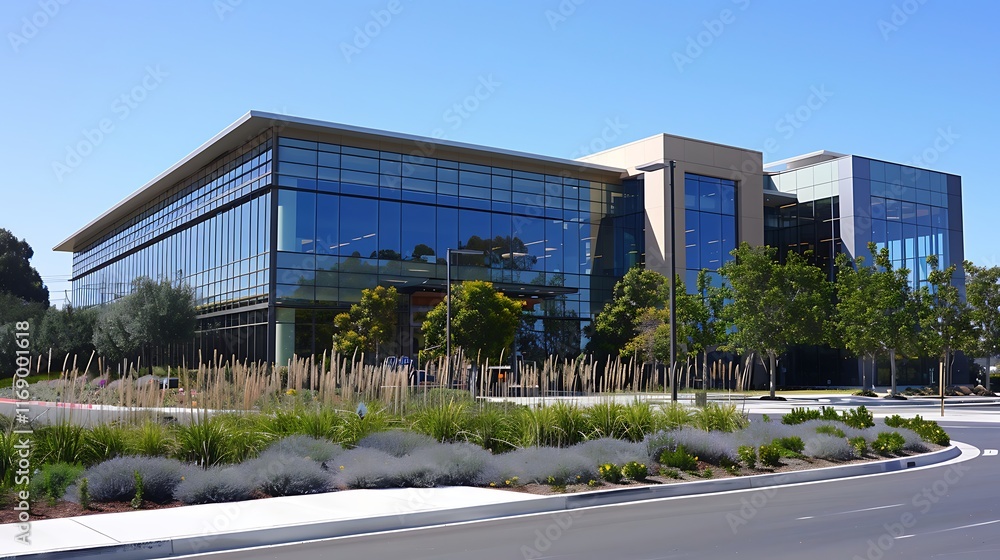 modern business center with glass exterior set against clear blue sky modern business center with glass exterior set against clear blue sky