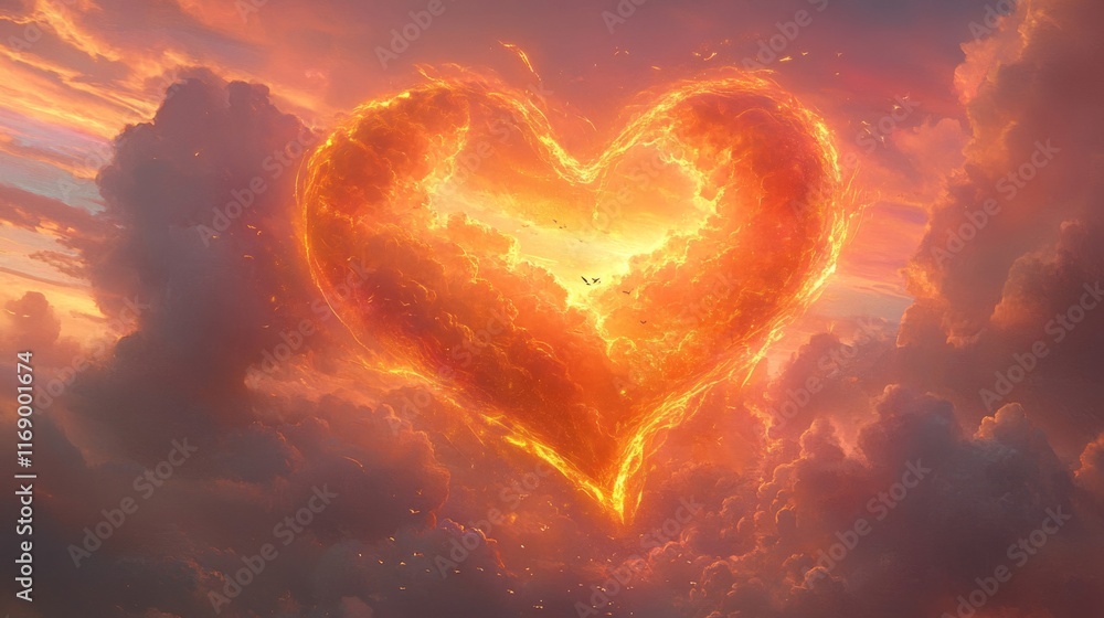 Fiery Heart Shaped Cloud Formation in a Sunset Sky Fiery Heart Shaped Cloud Formation in a Sunset Sky