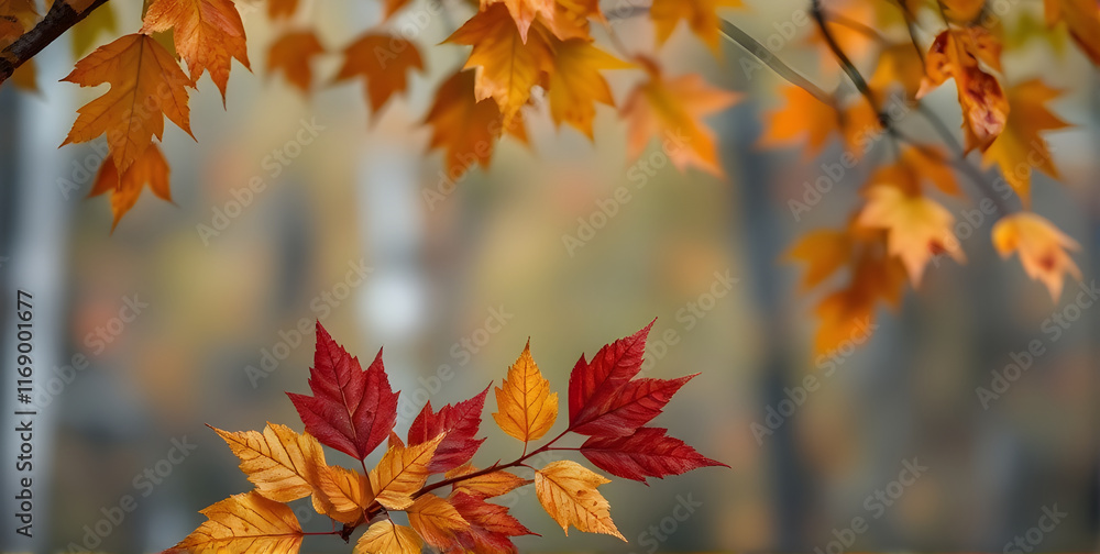 An autumnal scene in the forest with red-orange leaves in the foreground and a blurred background with a copy space for text to one side An autumnal scene in the forest with red-orange leaves in the foreground and a blurred background with a copy space for text to one side