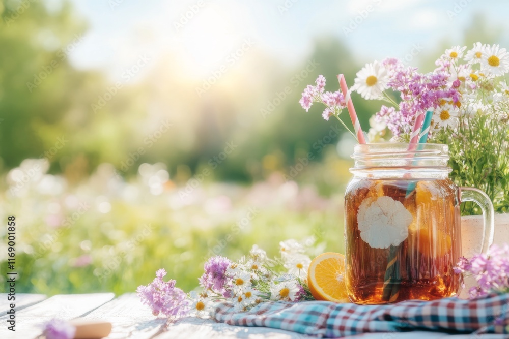 A refreshing summer picnic with orange juice served in mason jars, colorful straws, and a plaid blanket A refreshing summer picnic with orange juice served in mason jars, colorful straws, and a plaid blanket