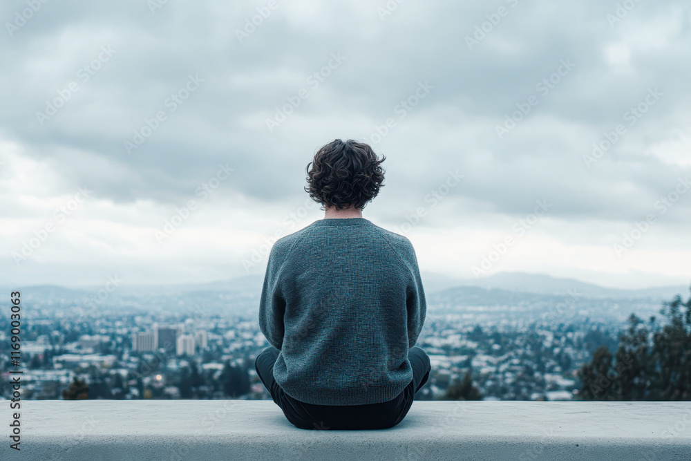 Fototapeta premium Contemplative moment city overlook portrait cloudy sky rear view solitude and reflection