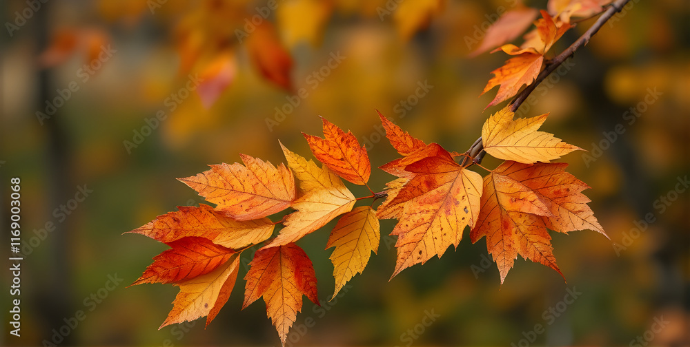 An autumnal scene in the forest with red-orange leaves in the foreground and a blurred background with a copy space for text to one side An autumnal scene in the forest with red-orange leaves in the foreground and a blurred background with a copy space for text to one side