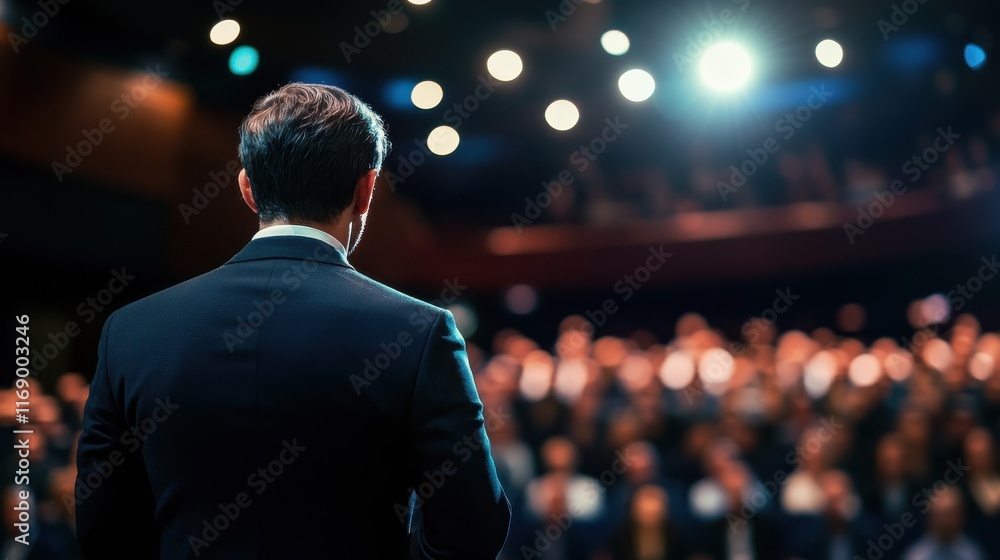 Crowd captivated by speaker delivering impactful presentation on stage in a dimly lit auditorium Crowd captivated by speaker delivering impactful presentation on stage in a dimly lit auditorium