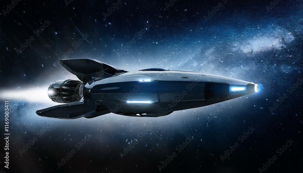 A spaceship sailing through deep, dark space A spaceship sailing through deep, dark space