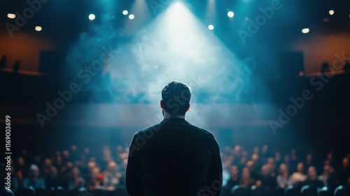 Captivating public speaking moment under dramatic stage lights in a packed auditorium during an inspiring event