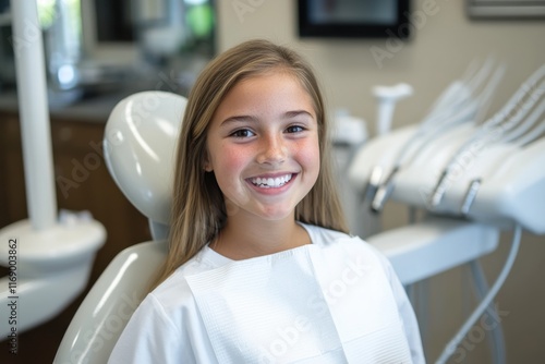 A young girl is sitting in a dentist chair, smiling brightly, conveying happiness and comfort in a dental environment, showcasing children's health.