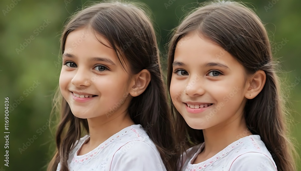 Identical twin girls sisters are posing for the camera. Happy twin sisters in dresses are looking at the camera and smiling. Frontal view, studio shot Identical twin girls sisters are posing for the camera. Happy twin sisters in dresses are looking at the camera and smiling. Frontal view, studio shot