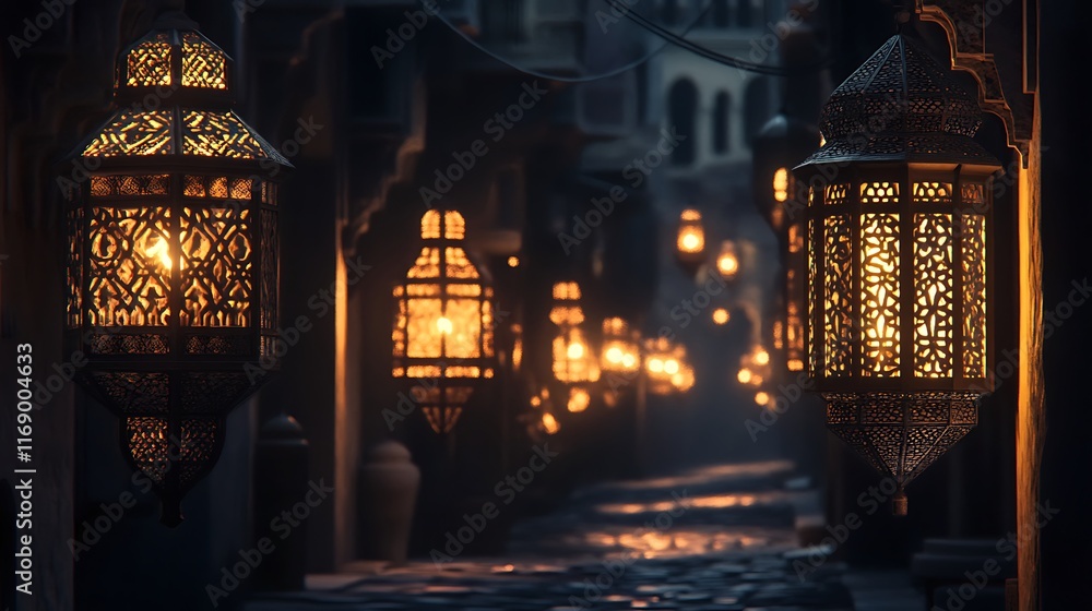 Illuminated Lanterns Line a Dark Alleyway Illuminated Lanterns Line a Dark Alleyway