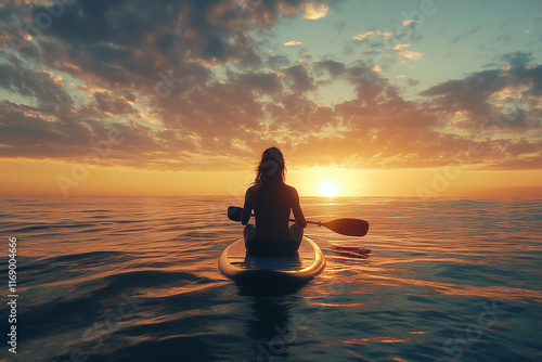 Silhouette of a woman sitting on a surfboard watching the sunset, surrounded by the ocean and sky, reflecting a peaceful moment of relaxation and nature's beauty.