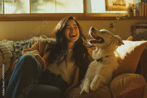 A woman sitting on a sofa with a dog surrounded by a cozy family atmosphere