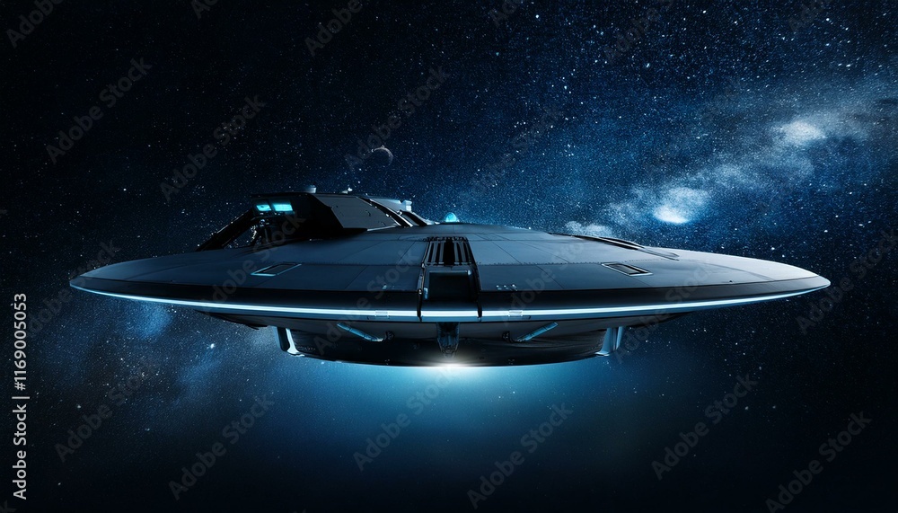 A spaceship sailing through deep, dark space A spaceship sailing through deep, dark space