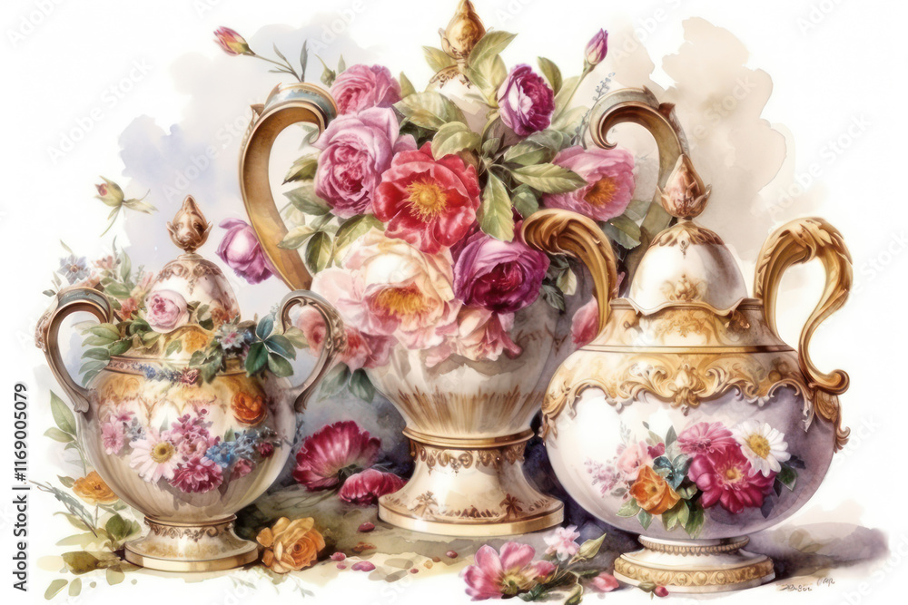 three luxurious porcelain teapots and a vase, decorated with lush floral arrangements. three luxurious porcelain teapots and a vase, decorated with lush floral arrangements.