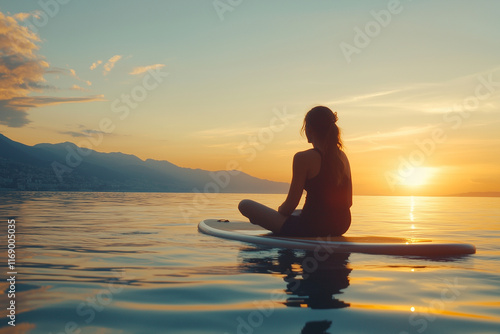 Silhouette of a woman sitting on a surfboard watching the sunset, surrounded by the ocean and sky, reflecting a peaceful moment of relaxation and nature's beauty.