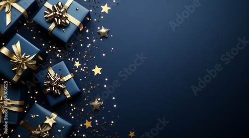 Beautifully Wrapped Blue Gifts With Golden Ribbons and Festive Decorations on a Dark Surface photo