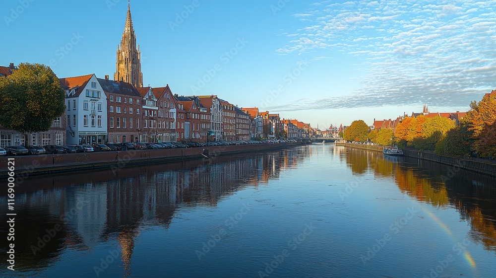 Fototapeta premium Scenic river reflecting autumnal cityscape with church spire and rainbow.