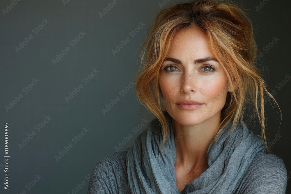 cropped portrait of an elegant middleaged woman with radiant skin looking thoughtfully away the soft grey background enhancing her natural beauty and highlighting her confidence cropped portrait of an elegant middleaged woman with radiant skin looking thoughtfully away the soft grey background enhancing her natural beauty and highlighting her confidence