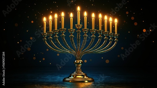 Glowing Hanukkah menorah with nine lit candles on dark background with sparkles. photo