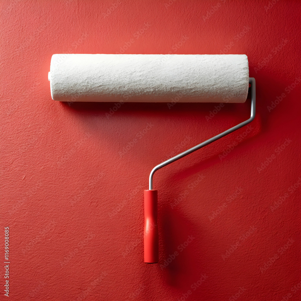 Fototapeta premium a white roller on a long red handle paints the wall