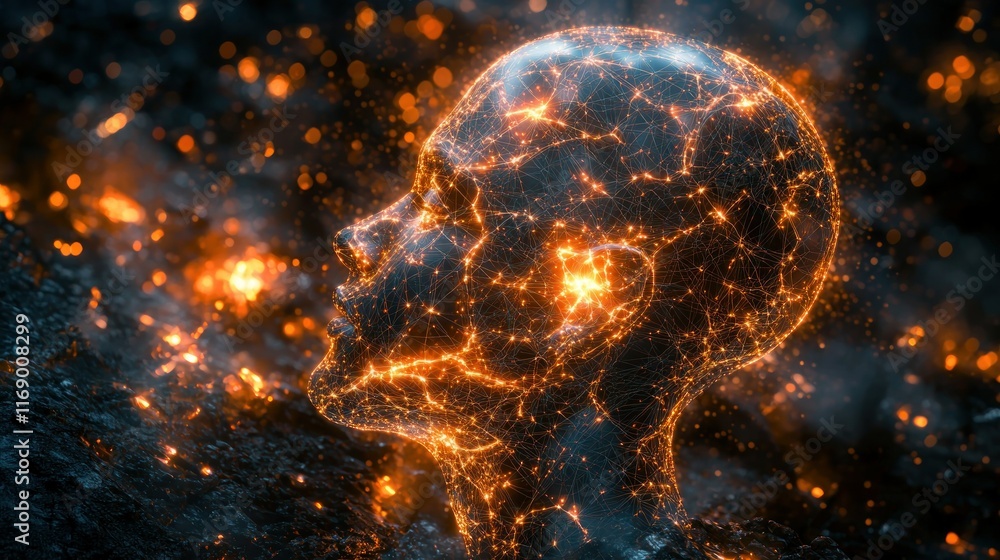 Obraz premium Glowing head emerges from embers, sparks fly.
