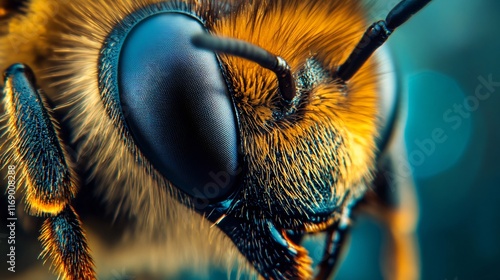 Close up of a bee's face with its mouth open. The bee's face is orange and black photo