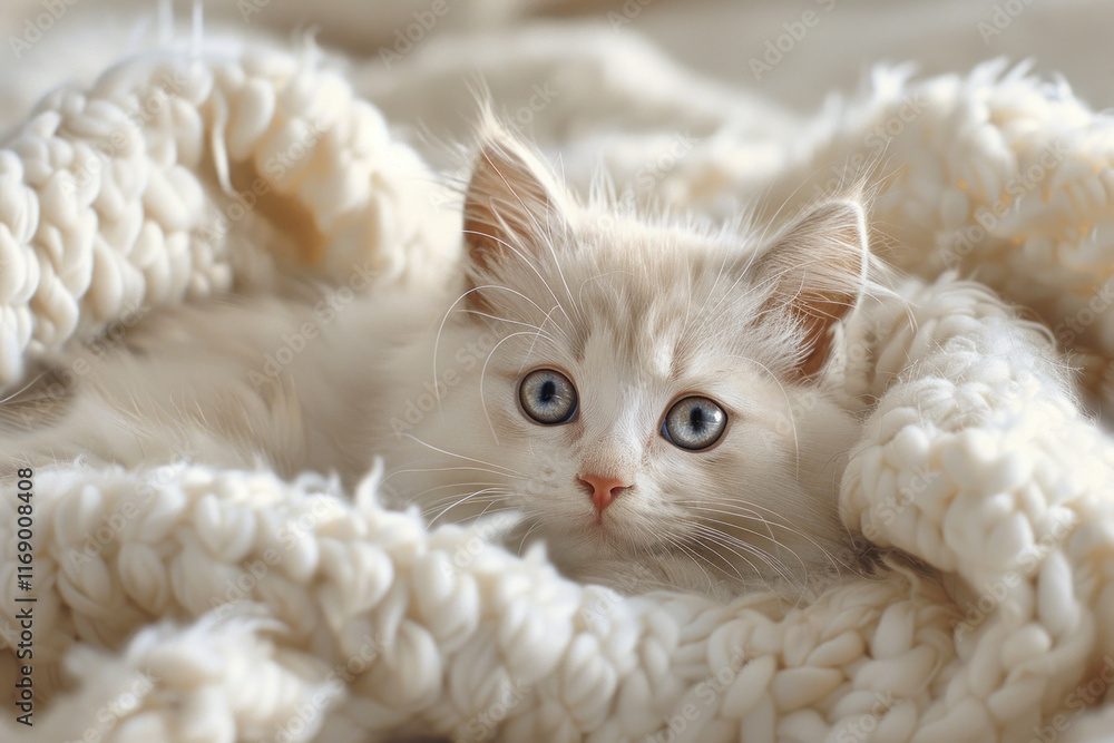Cute white kitten, in a white fluffy plaid, cozy atmosphere,. Cute white kitten, in a white fluffy plaid, cozy atmosphere,.