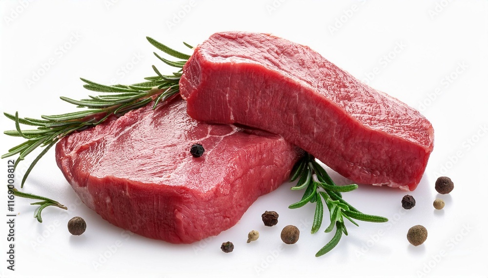 fresh steak pieces rosemary and spices isolated on white background fresh steak pieces rosemary and spices isolated on white background