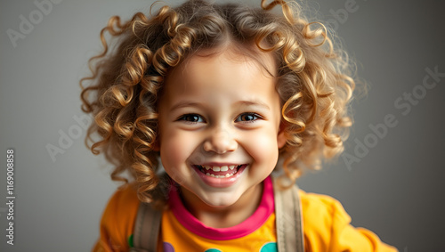 A vivacious three-year-old girl beams with boundless energy. Her curly hair frames a cherubic face, and vibrant clothes mirror her spirited personality. This portrait encapsulates