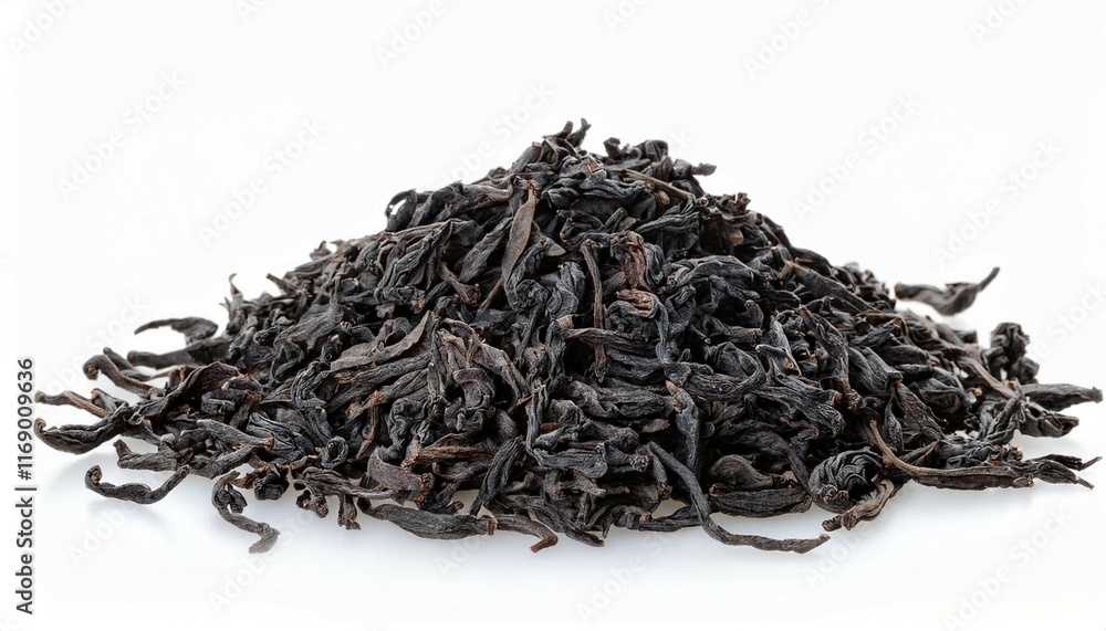 dry black tea leaves isolated on white background close up dry black tea leaves isolated on white background close up