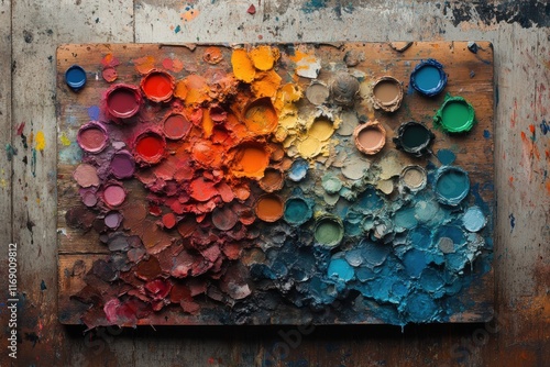 An artist's palette overflowing with vibrant paint colors, showcasing a beautiful blend of hues from warm reds to cool blues, perfect for igniting creativity and inspiration. photo