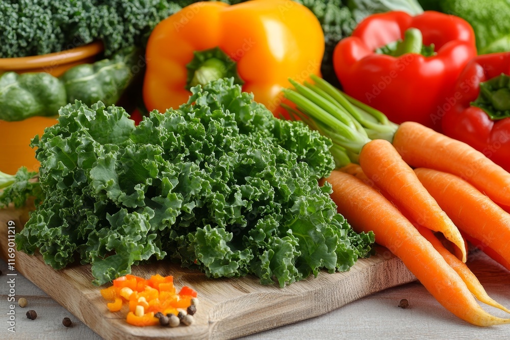 Kale leaves in a vibrant farmer market setting, displayed with other fresh vegetables like carrots and peppers Kale leaves in a vibrant farmer market setting, displayed with other fresh vegetables like carrots and peppers