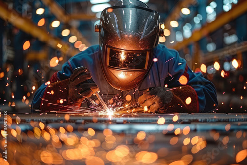 Worker with protective mask welding metal with sparks and smoke,.     photo