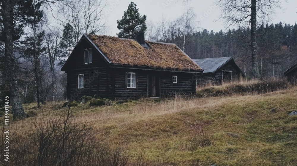 Rustic cabin surrounded by nature in a serene landscape. Rustic cabin surrounded by nature in a serene landscape.