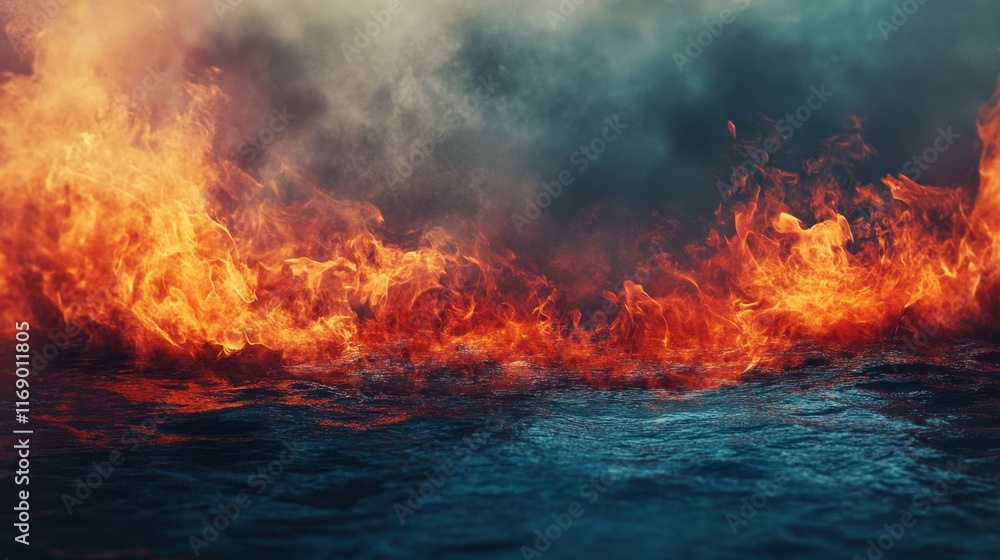 Fototapeta premium Infernal Waters: Fiery Inferno Reflecting on Dark Water