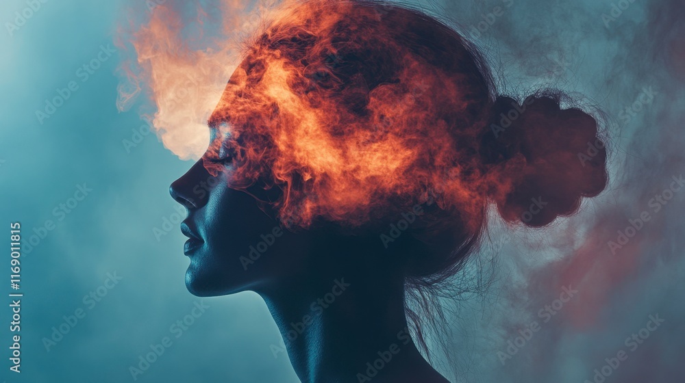 Woman's Face Emerging from Fire, Mystical Portrait Woman's Face Emerging from Fire, Mystical Portrait