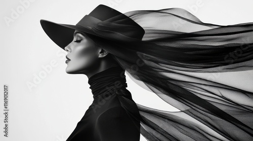Fierce elegance unfolds in monochrome with striking hat and flowing fabric against a minimalist backdrop