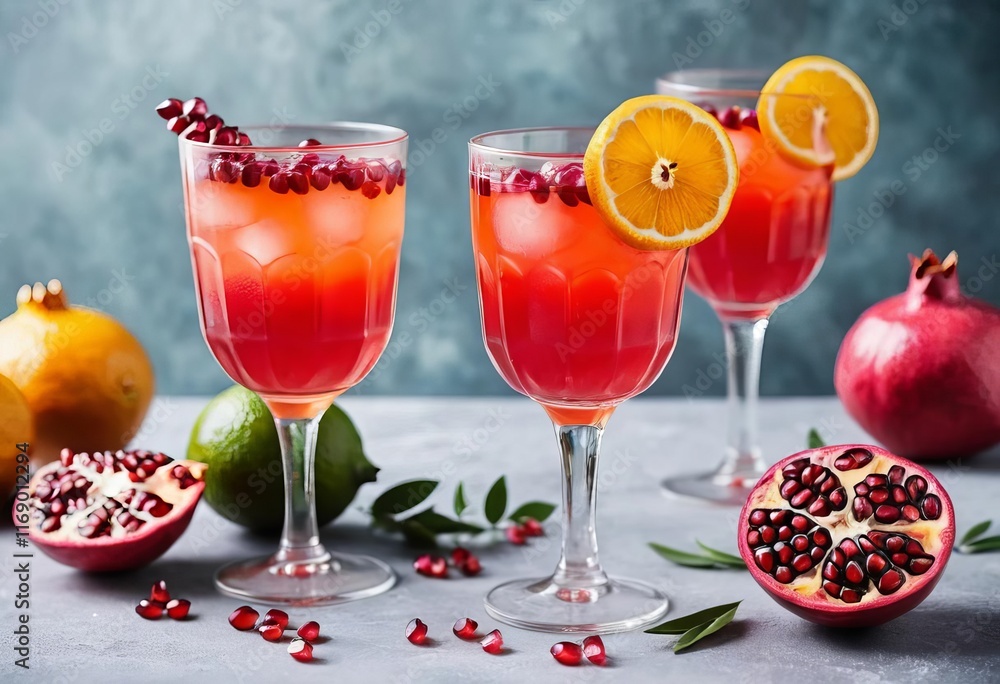 A festive cocktail with a slice of citrus and pomegranate seeds on top A festive cocktail with a slice of citrus and pomegranate seeds on top