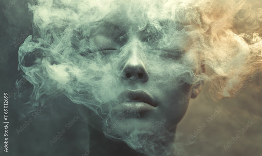 Face obscured by swirling, ethereal smoke.